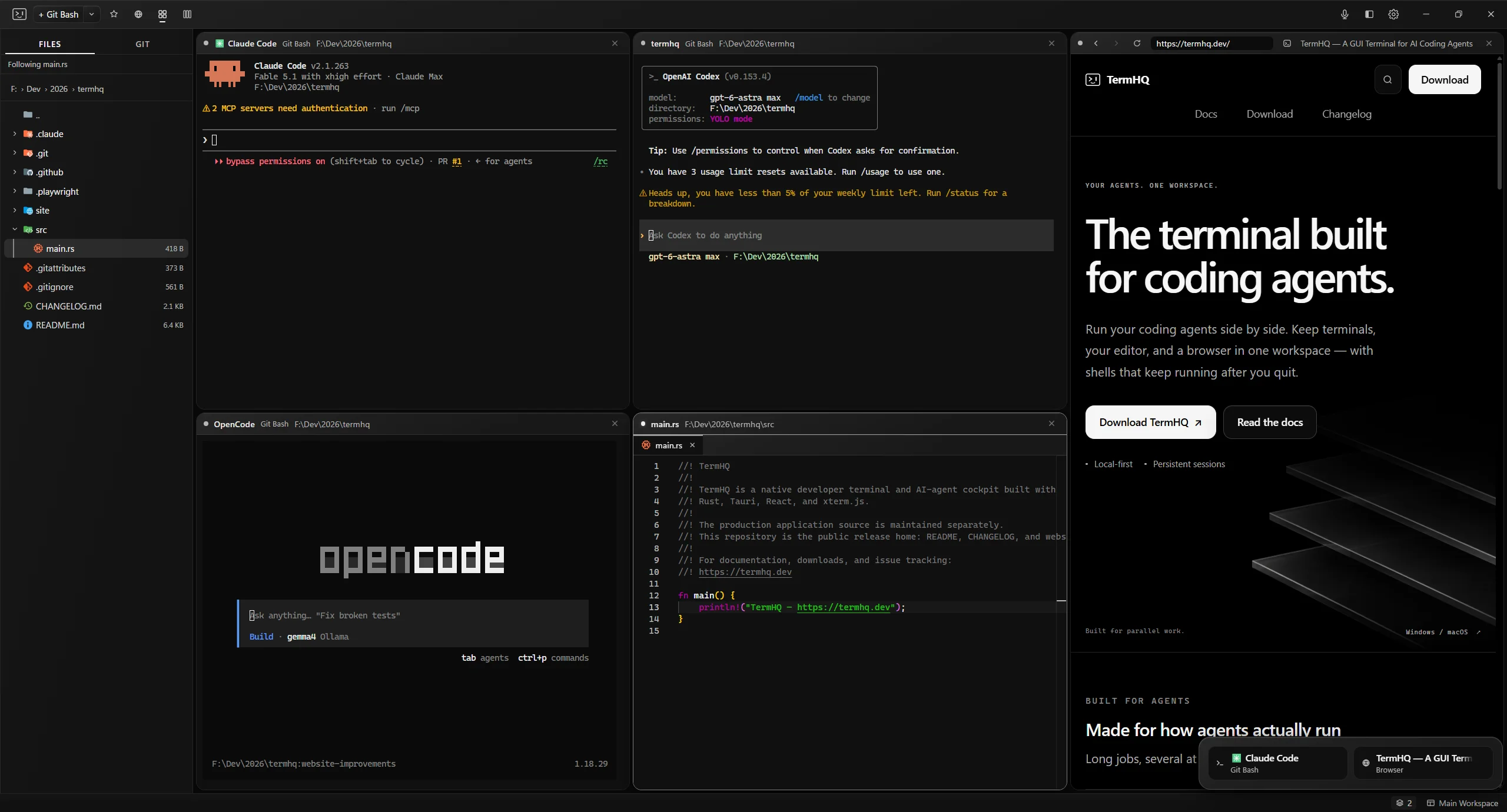 TermHQ on Windows in the Default theme, with Claude Code, Codex, and OpenCode terminals alongside an editor and browser pane.