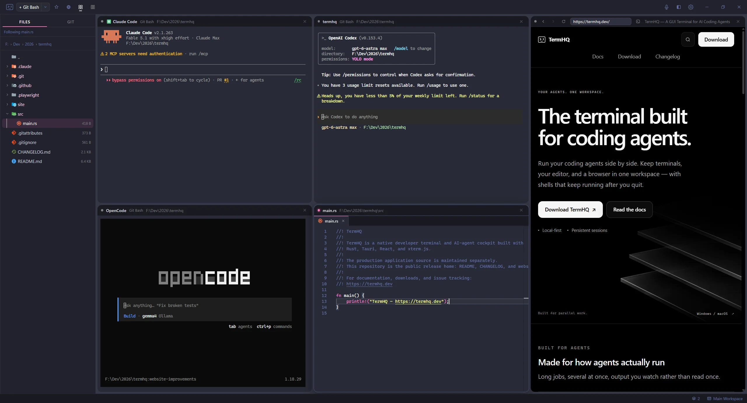 TermHQ on Windows in the Dracula theme, with Claude Code, Codex, and OpenCode terminals alongside an editor and browser pane.