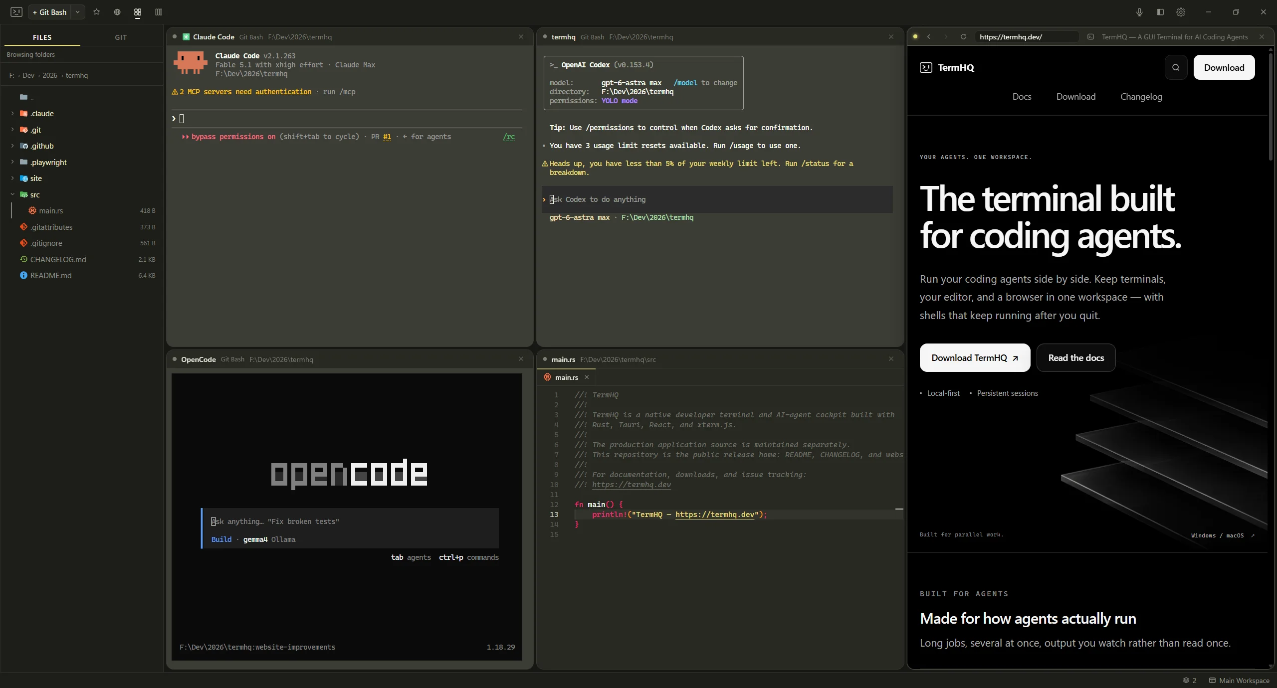 TermHQ on Windows in the Monokai theme, with Claude Code, Codex, and OpenCode terminals alongside an editor and browser pane.